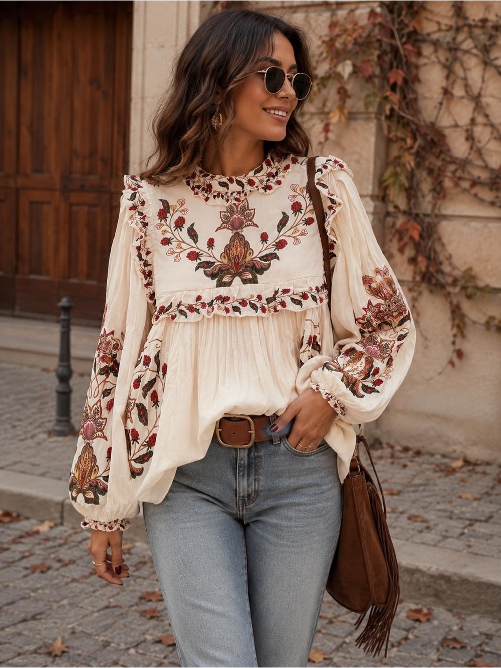 🍁🍂FARM Rio Cream Boho Embroidered Peasant Blouse with Floral Yoke